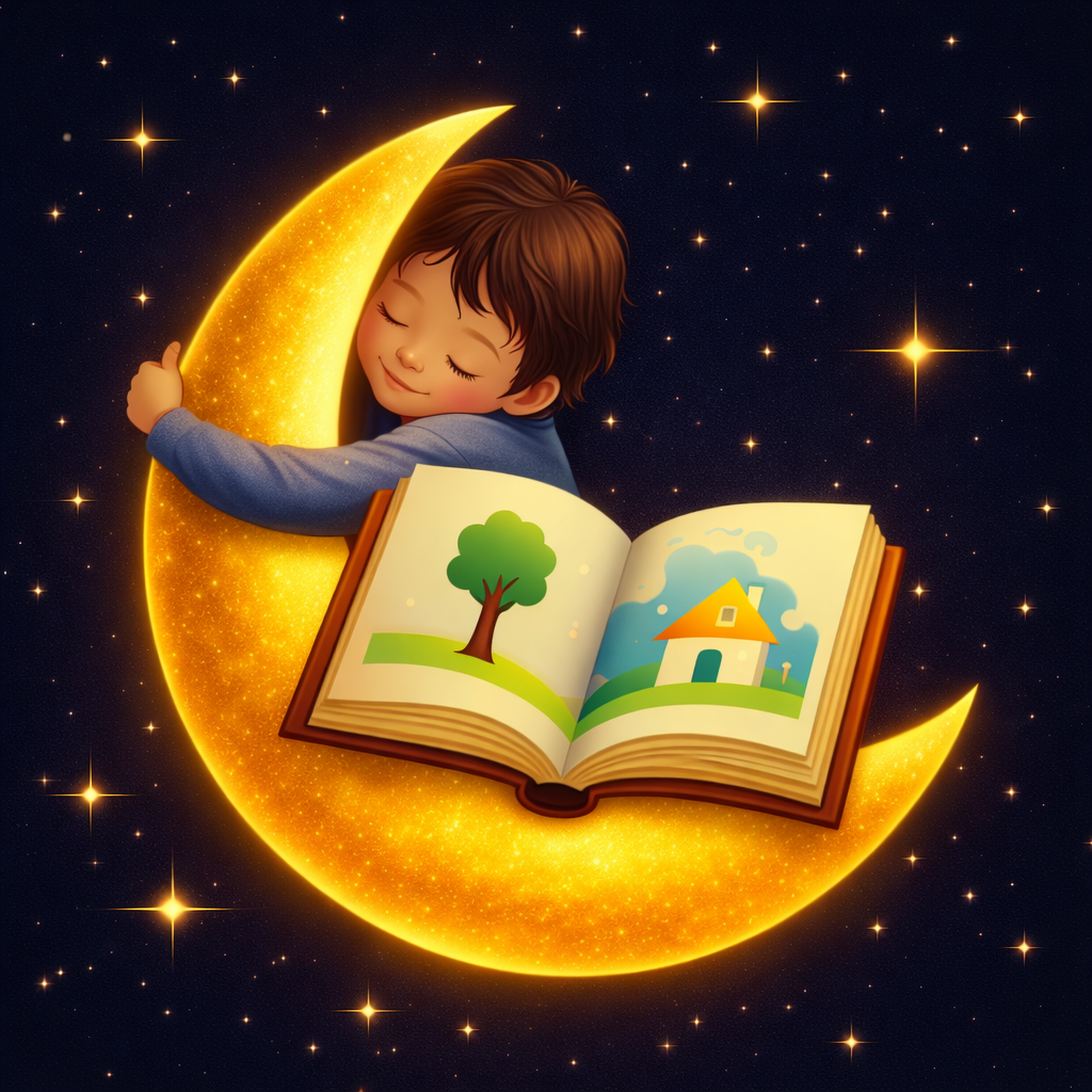 A child cuddling the moon with an open storybook